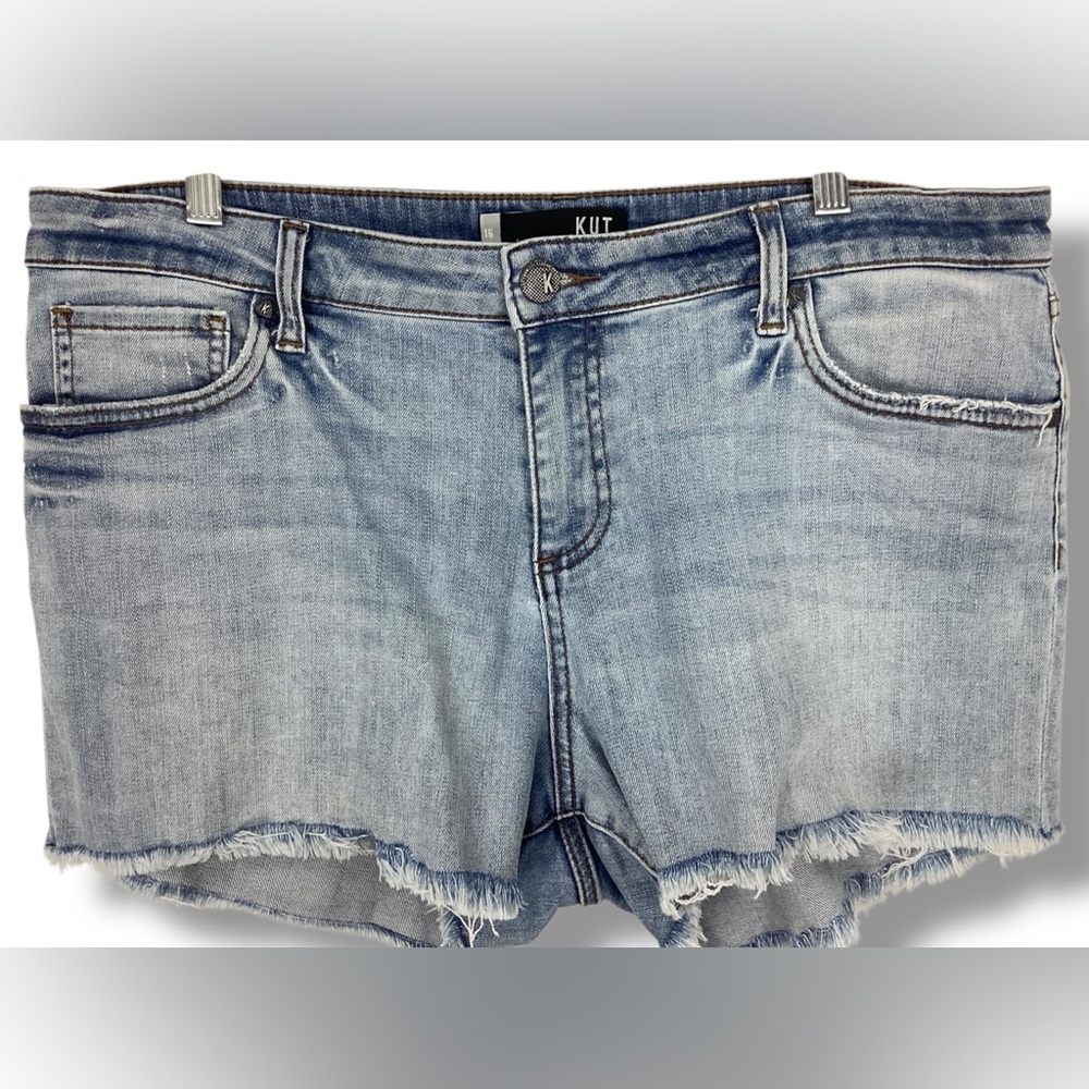 Kut from the Kloth Gigi Denim Shorts light wash fray hems mid rise stretch